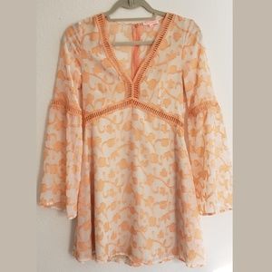 Bell Sleeve Peach Sheer Floral Dress